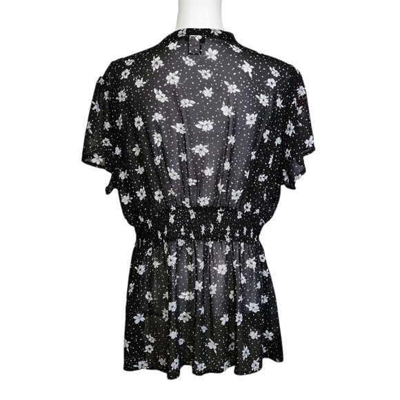Torrid Blouse Black Floral Sheer Button Front Ruffle Elastic Waist Womens Size 1 - Picture 6 of 7
